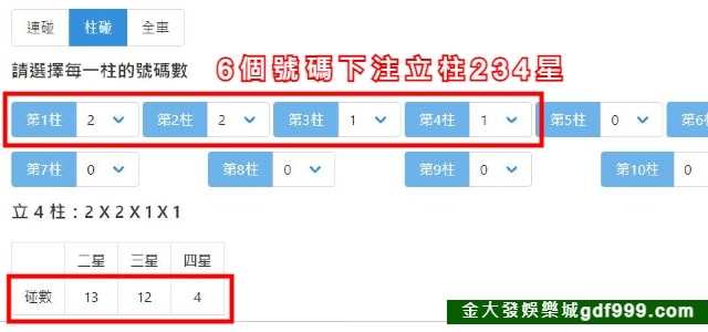 下注6個號碼234星的539立柱碰數，二星13碰、三星12碰、四星4碰